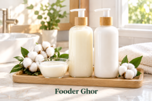 A set of natural goat milk shampoo and conditioner bottles displayed on a wooden tray representing the best natural goat milk shampoo and conditioner for scalp health by Fooder Ghor.