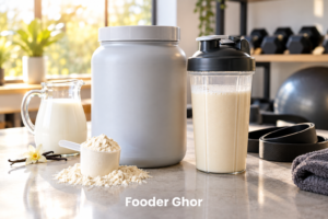 A tub of pure A2 goat whey protein powder and a shaker bottle on a kitchen counter representing the best goat milk protein powder for muscle building by Fooder Ghor.