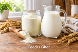 Best organic cow milk powder brands in the USA presented in a glass jar and pitcher on a rustic kitchen table.