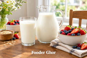 Best cow milk brands in the USA shown as fresh liquid whole milk in a glass jug on a rustic table.