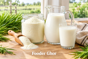 Best A2 cow milk powder for easy digestion shown in a glass jar and glass pitcher on a wooden kitchen counter.