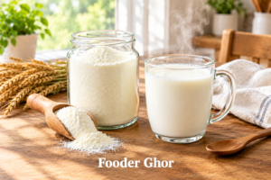 Best whole organic cow milk powder for adults displayed in a glass jar with a cup of warm milk on a rustic kitchen table.