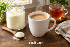 Best grass-fed cow milk powder for coffee & tea shown beside a mug of coffee and a jar of milk powder on a wooden table.