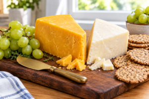 A wedge of yellow and white cheddar cheese on a wooden cutting board with crackers