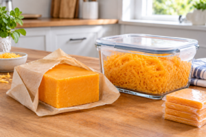 Cheddar cheese block wrapped in parchment paper next to a glass container of shredded cheese