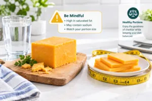 A balanced serving of cheddar cheese on a wooden board highlighting health awareness and portion control
