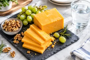 Cheddar cheese benefits displayed on a slate board with walnuts and grapes