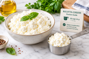 A measured portion of fresh ricotta cheese on a marble counter showing food safety and portion control