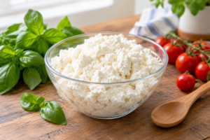 Fresh white ricotta cheese in a glass bowl with basil and tomatoes on a wooden counter.