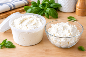 Open container of fresh white ricotta cheese on a wooden kitchen counter.
