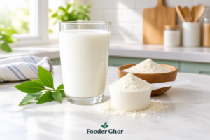 A glass of fresh skimmed cow milk and dry skimmed milk powder on a kitchen table representing Fooder Ghor weight management nutrition analysis.
