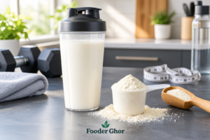 A glass shaker bottle with smooth high-protein cow milk and dry milk powder on a counter representing Fooder Ghor fitness nutrition testing.