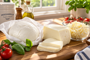 Fresh and low moisture mozzarella cheese blocks displayed on a wooden kitchen table.