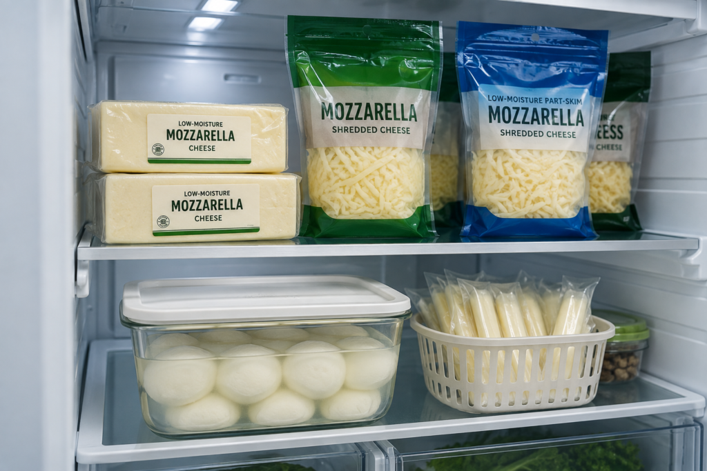 Mozzarella cheese varieties stored safely on a cold refrigerator shelf.
