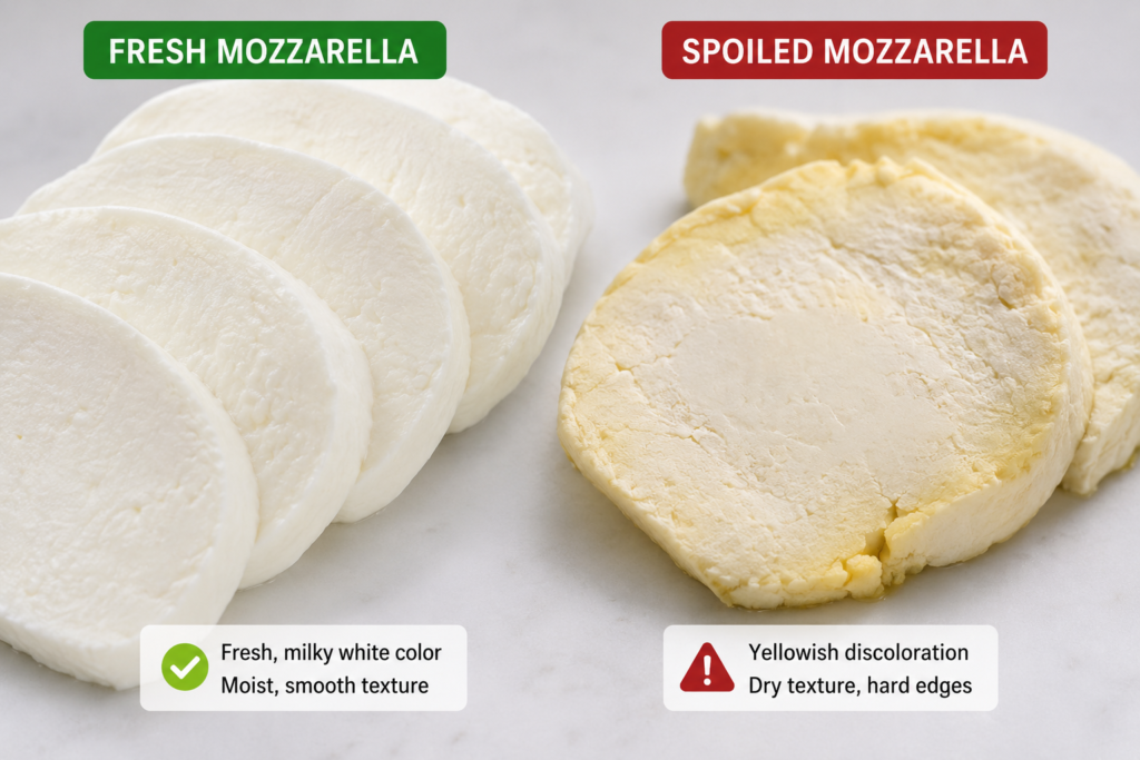 Close up comparison showing visual signs of fresh versus spoiled mozzarella cheese.