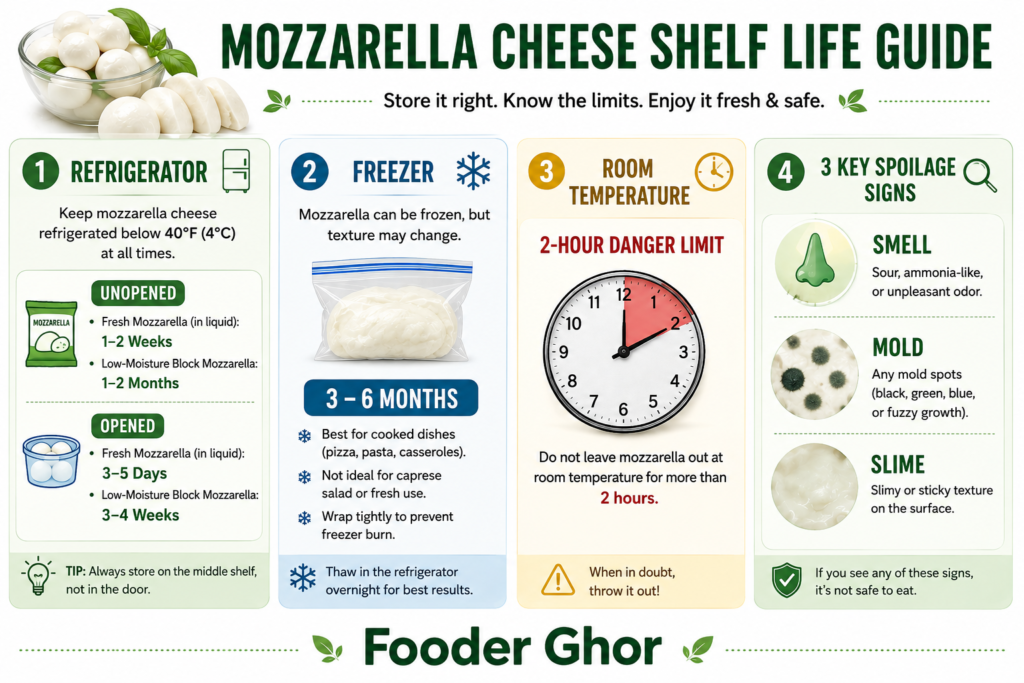 Fooder Ghor infographic illustrating mozzarella cheese shelf life and safety timelines.
