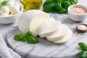 Fresh sliced mozzarella cheese displayed on a clean marble board.