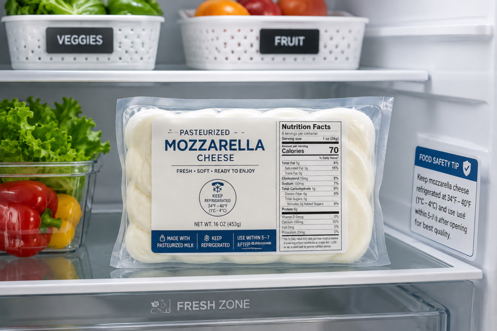 Properly packaged pasteurized mozzarella cheese stored safely in a home refrigerator.
