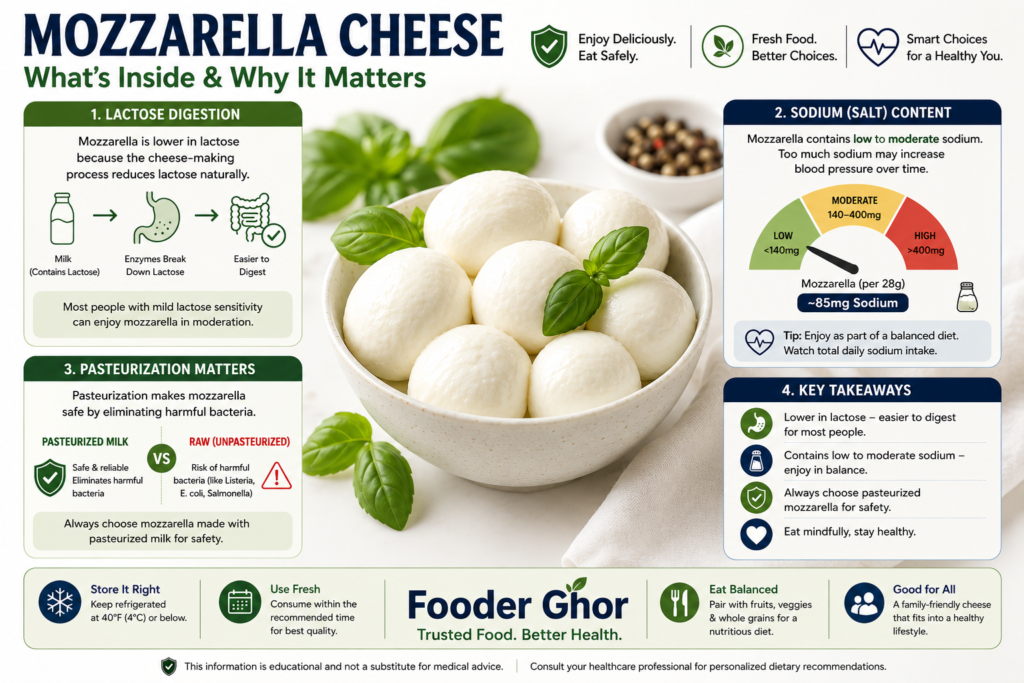 Food safety visual displaying key health and nutrition indicators for mozzarella cheese.