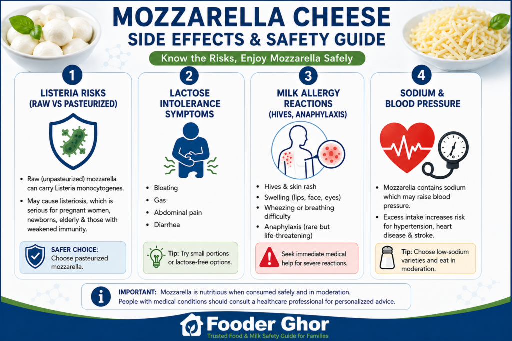 Fooder Ghor medical infographic detailing side effects and food safety guidelines for mozzarella cheese.