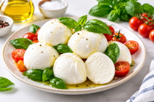 Fresh mozzarella cheese balls arranged with basil and tomatoes.