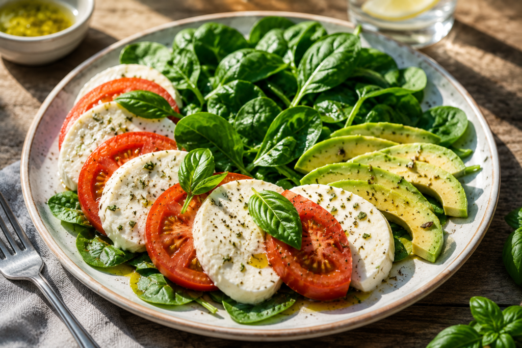 Healthy Caprese salad featuring fresh mozzarella cheese and vegetables.