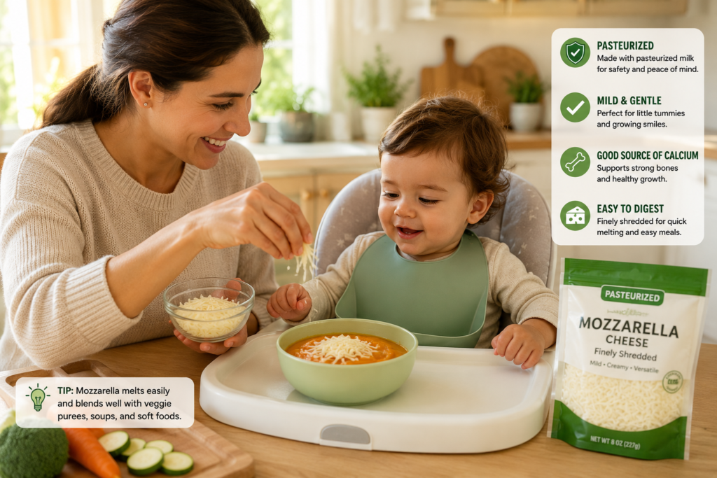 Parent serving shredded pasteurized mozzarella cheese safely to a toddler.