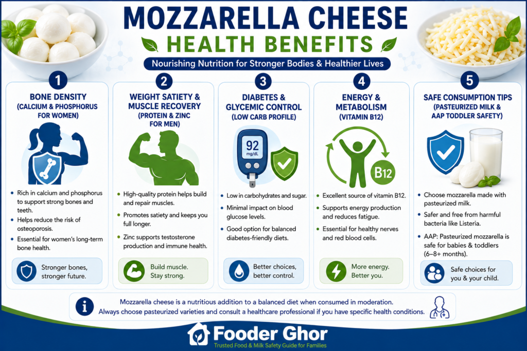 Fooder Ghor health infographic detailing the nutritional benefits and safety of mozzarella cheese.