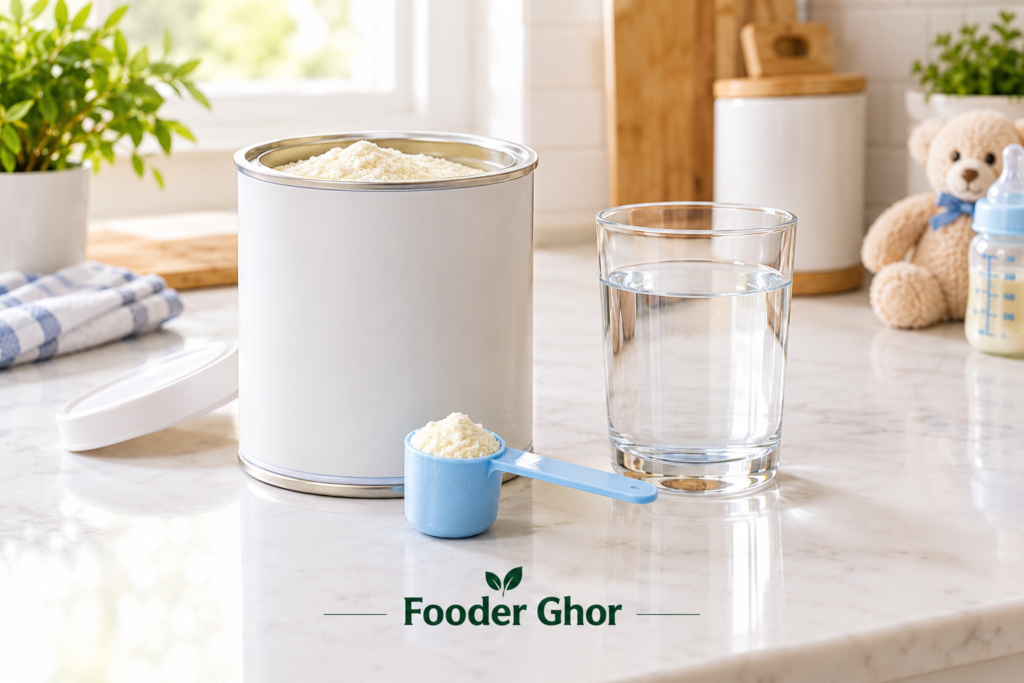 Scoop of white goat milk formula powder illustrating fortified vitamins for healthy bone development.