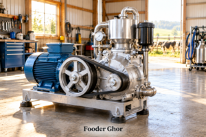 A heavy-duty cow milking machine vacuum pump assembly in a clean farm workshop setting by Fooder Ghor.