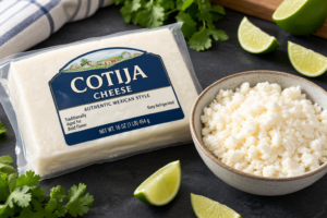 Sealed and opened packages of white cotija cheese on a kitchen counter.