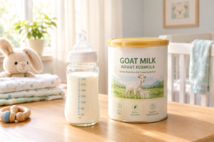 Clean baby bottle filled with prepared goat milk formula on a wooden nursery table explaining what is goat milk formula.