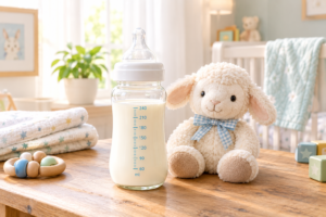 Clean baby bottle filled with warm goat milk formula on a nursery table explaining goat milk formula nutrition and benefits.