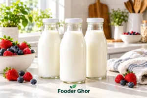 Small glass milk bottles with lids filled with fresh milk by Fooder Ghor