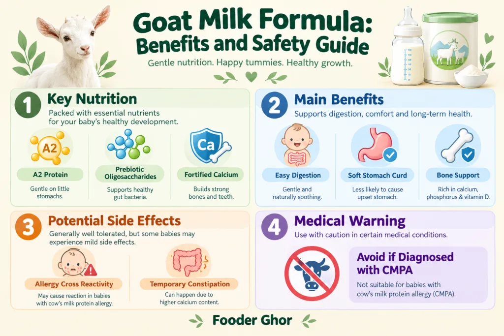 Educational Fooder Ghor infographic summarizing goat milk formula nutrition facts, benefits, and side effects.
