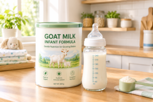 Sealed container of powder and mixed baby bottle illustrating goat milk formula storage guidelines on a kitchen table.