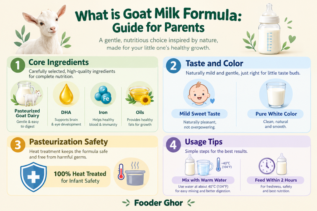 Educational Fooder Ghor infographic summarizing what is goat milk formula, ingredients, and safety tips.