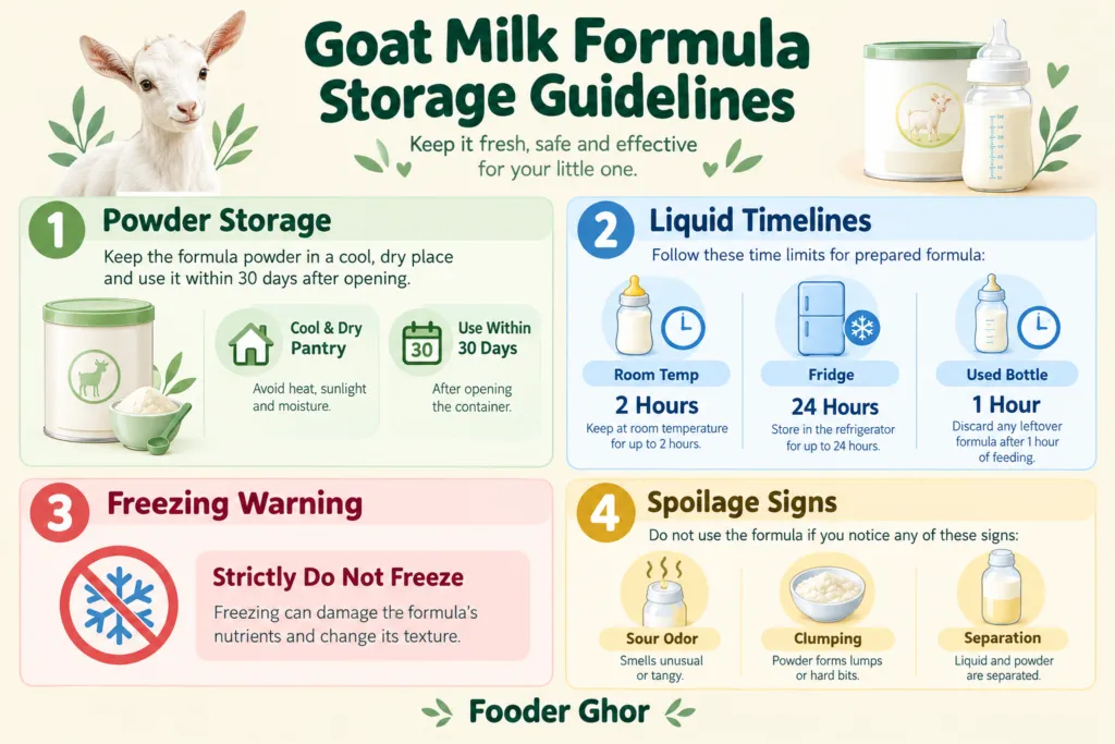 Educational Fooder Ghor infographic summarizing goat milk formula storage guidelines, timelines, and spoilage signs.