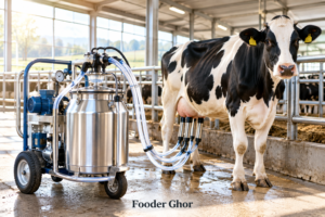 best cow milking machine with stainless steel bucket set up in a clean dairy barn