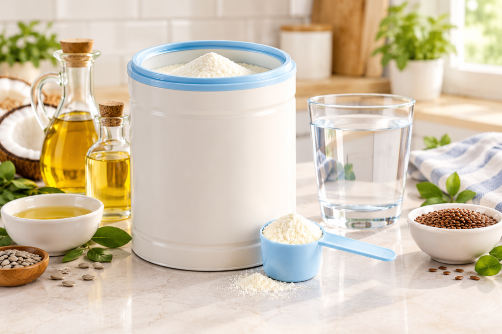 Scoop of white powder formula showing what is goat milk formula made of and its ingredients.