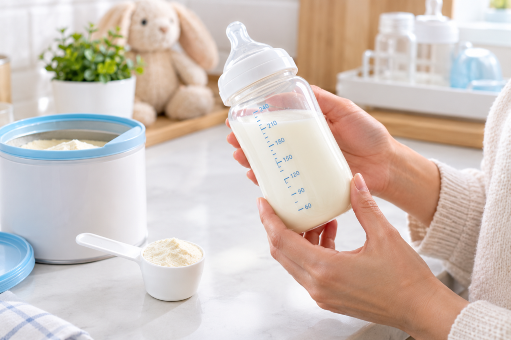 Inspection of prepared formula bottle and powder for signs of spoilage and freshness.