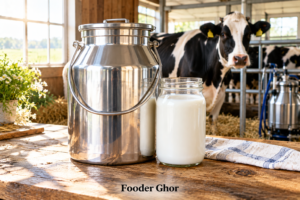 A pristine stainless steel milk bucket filled with fresh cow milk in a sunlit farm setting by Fooder Ghor.