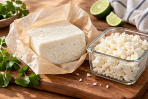 Block of cotija cheese wrapped in parchment paper next to a glass storage container.