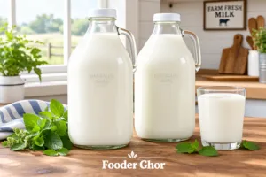 Half gallon glass milk bottles with handles filled with milk by Fooder Ghor