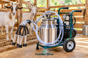A premium stainless steel portable goat milking machine with silicone tubing inside a modern clean dairy barn by Fooder Ghor.