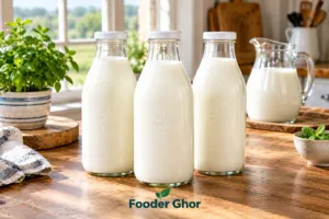 32 oz heavy-duty reusable glass milk bottles with caps for safe milk storage by Fooder Ghor
