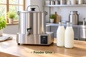 Stainless steel small milk pasteurizer machine prepared on a wooden table next to fresh bottles of pasteurized milk in a homestead kitchen.