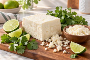 Block of white cotija cheese with fresh cilantro and crumbled cheese in a wooden bowl.