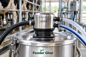 A high-precision milking machine pulsator mounted on a stainless steel bucket lid in a clean dairy farm parlor by Fooder Ghor.