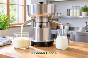 Electric cream separator machine processing fresh cow milk into heavy cream and skimmed milk in a homestead kitchen.